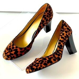 Nine West Heels Leopard Cow Leather Heels Pumps Block Heel Gilyanr, Sz 7M